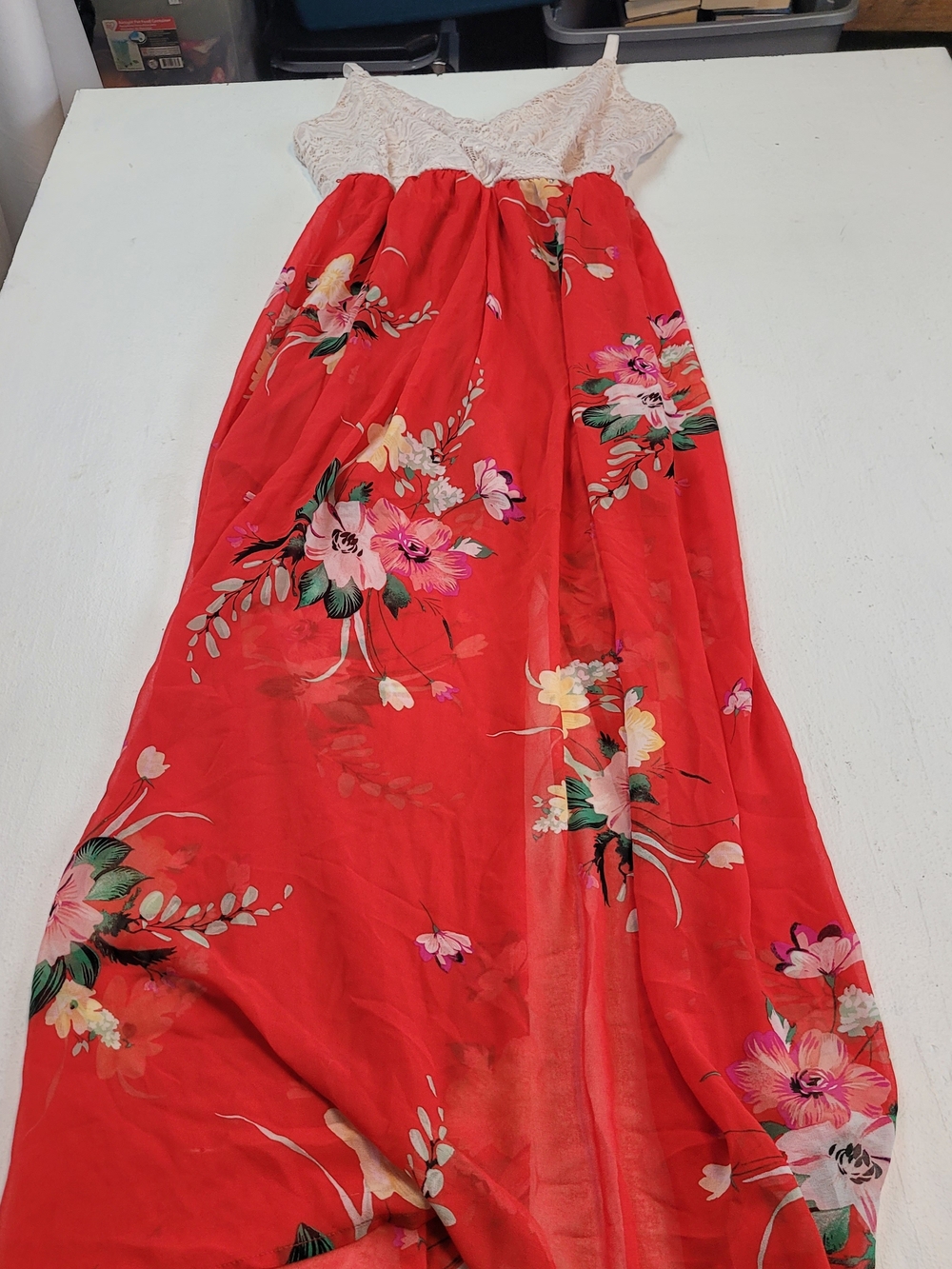 As U Wish Red Floral Maxi Dress with Cream Lace Bodice